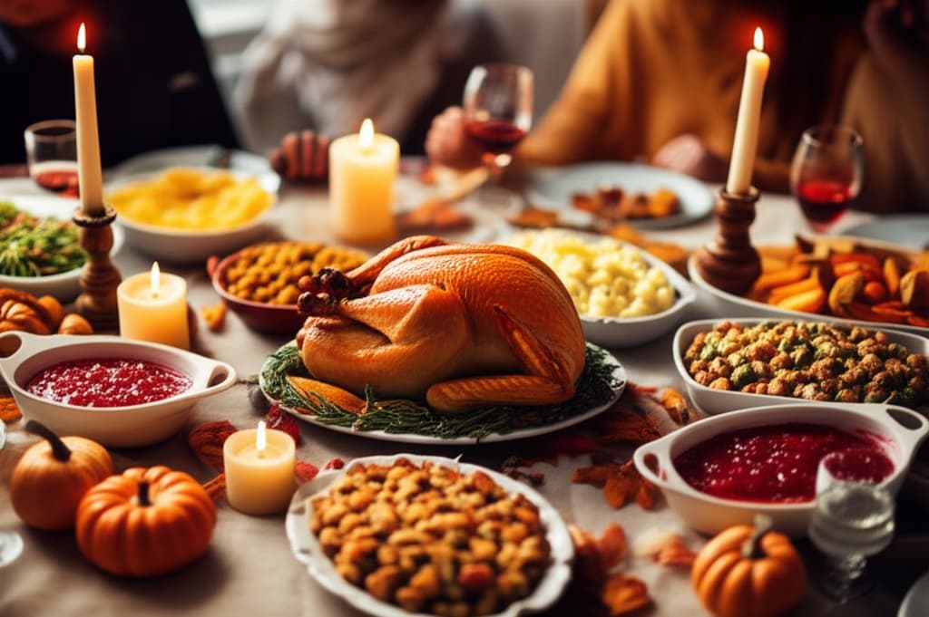 A beautifully set traditional Thanksgiving dinner table overflowing with a succulent roasted turkey, classic side dishes like mashed potatoes and cranberry sauce, festive fall decor, and warm, inviting lighting, symbolizing a family feast and holiday celebration.