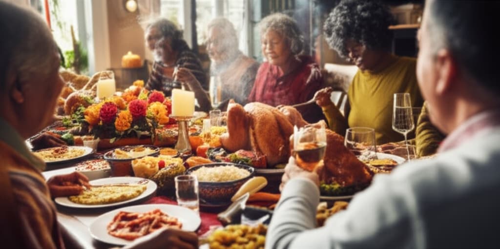 A multi-generational family smiling and laughing while gathered around a festive dining table enjoying Thanksgiving dinner and conversation.