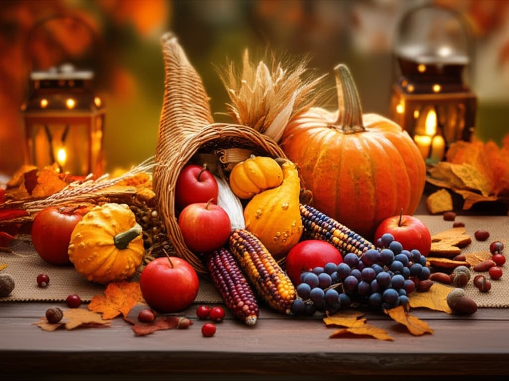 A vibrant and bountiful Thanksgiving harvest display featuring a large cornucopia overflowing with pumpkins, gourds, apples, corn, and fall leaves on a rustic wooden table with soft lighting.