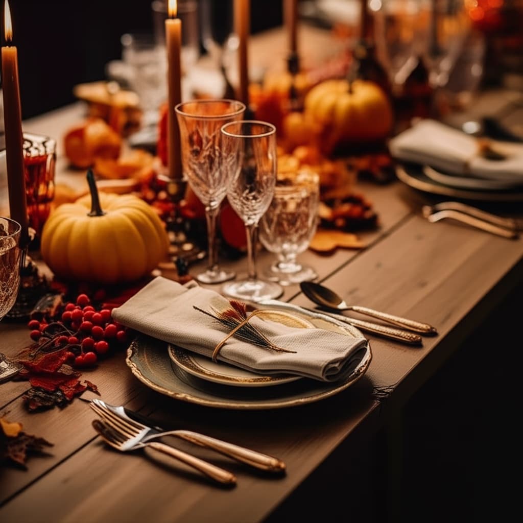 Close-up of an elegant Thanksgiving place setting featuring white dinnerware, gold cutlery, a folded linen napkin, mini pumpkins, and fall leaves on a rustic wooden table.