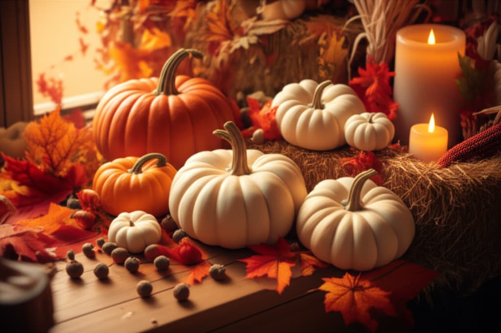 A detailed arrangement of various Thanksgiving pumpkin decorations, including orange and white pumpkins, rustic gourds, colorful fall leaves, and warm candles, set on a wooden surface, creating a festive autumn harvest centerpiece.