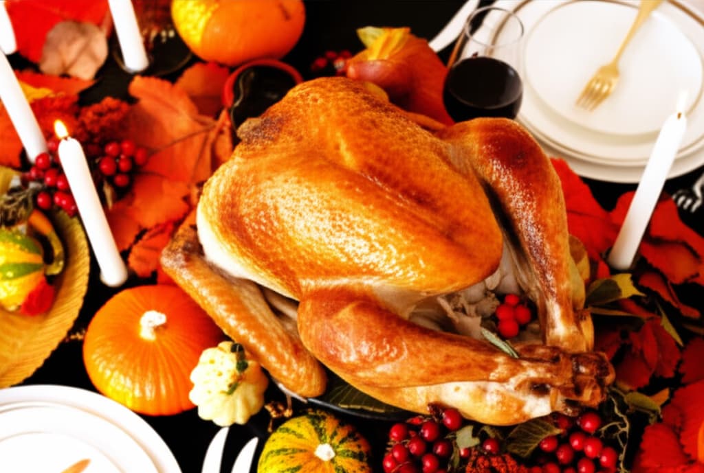 A beautifully roasted golden-brown turkey serving as the central Thanksgiving centerpiece, surrounded by vibrant autumn leaves, flickering candles, small pumpkins, and festive harvest decor on a traditional holiday dinner table.