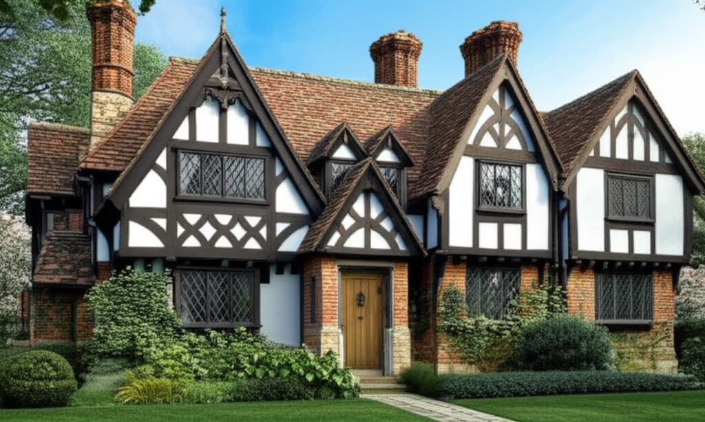 High-quality realistic image of a beautiful Tudor style house exterior with half-timbering, leaded windows, and a lush garden.