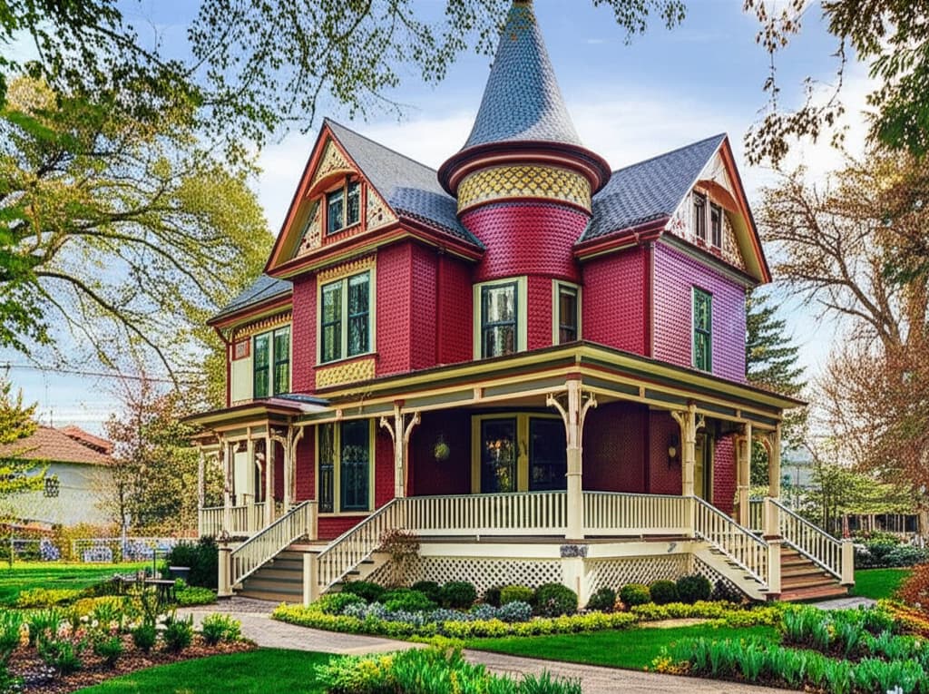 A beautifully preserved Victorian house showcasing classic architecture with ornate gables, a prominent turret, and intricate detailing, set against a natural landscaped garden.