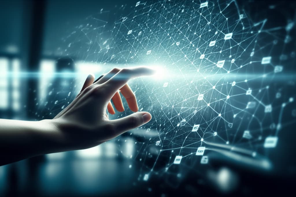 Realistic image depicting algorithmic decision making, showing a human hand interacting with glowing data streams and AI decision points, symbolizing automation and its societal impact.