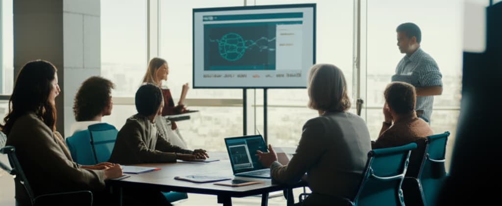 Diverse team of employees actively engaged in an all-hands meeting in a modern office, focused on a presentation, symbolizing strong corporate communication and teamwork.