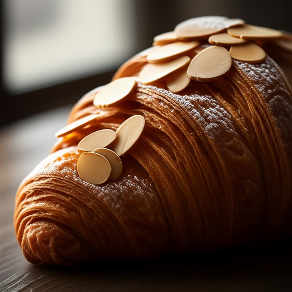 Close-up view of a golden, flaky almond croissant topped with powdered sugar and toasted almond slivers on a rustic wooden surface.