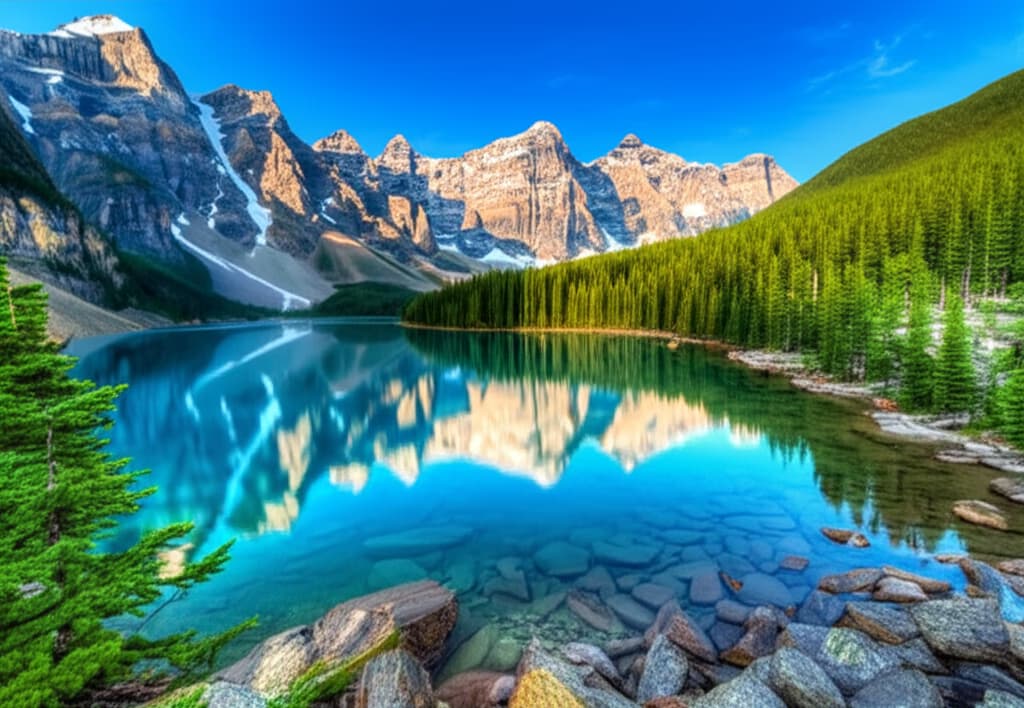 A stunning, high-resolution image of a clear alpine lake perfectly reflecting snow-capped mountains and a blue sky, surrounded by natural alpine foliage and rocks.