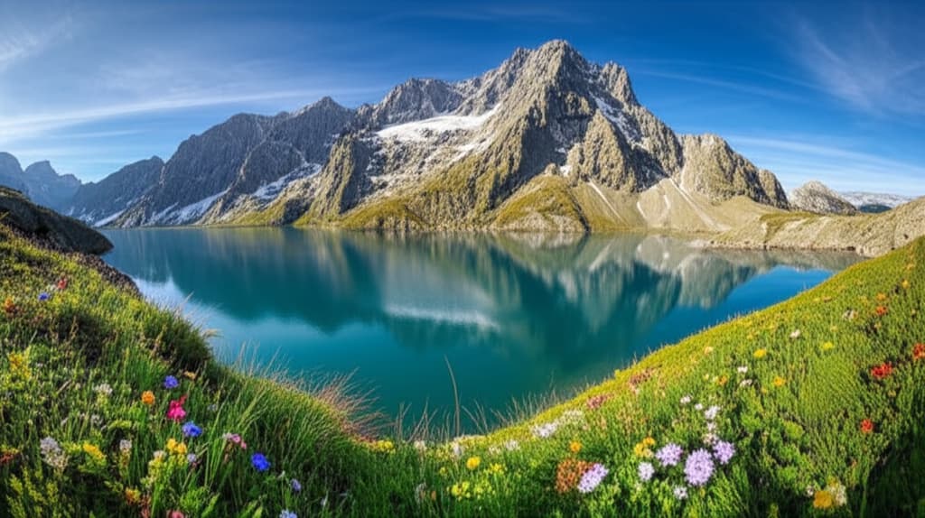 Ultra-realistic image of a vast alpine scenery featuring snow-capped mountain peaks, a tranquil clear lake, and blooming wildflowers under a bright blue sky, optimized for nature and travel.