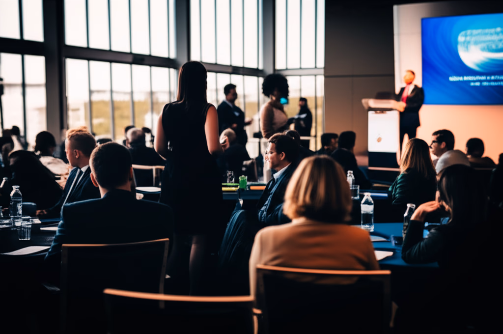 High-resolution image of a diverse group of business professionals attending a corporate annual meeting, featuring a speaker on stage and attendees networking in a modern conference hall, symbolizing corporate success and collaboration.