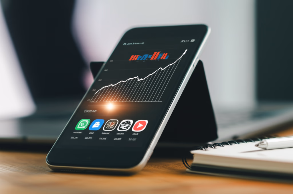 A close-up of a smartphone screen displaying an App Store Optimization (ASO) analytics dashboard with rising growth charts, app download statistics, and keyword performance metrics, illustrating strategic app visibility and growth.