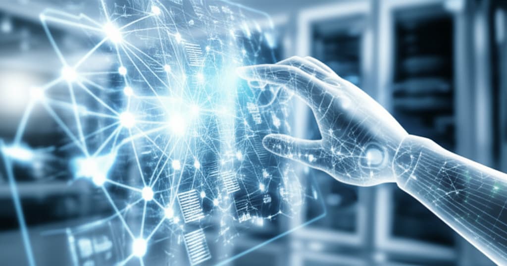 Ultra-realistic image of artificial intelligence concept, showing intricate neural networks, data streams, and human-AI interaction in a futuristic setting, depicting advanced technology.