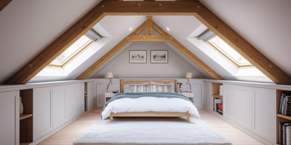 Cozy attic bedroom conversion featuring a sloped ceiling, bright dormer window, built-in storage, and a modern minimalist design.