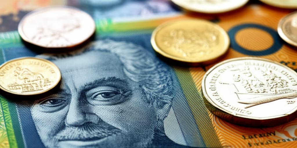 Close-up, ultra-realistic image of various Australian dollar banknotes and coins, including polymer notes and metallic coins, showcasing intricate details and security features. Ideal for financial and educational content.