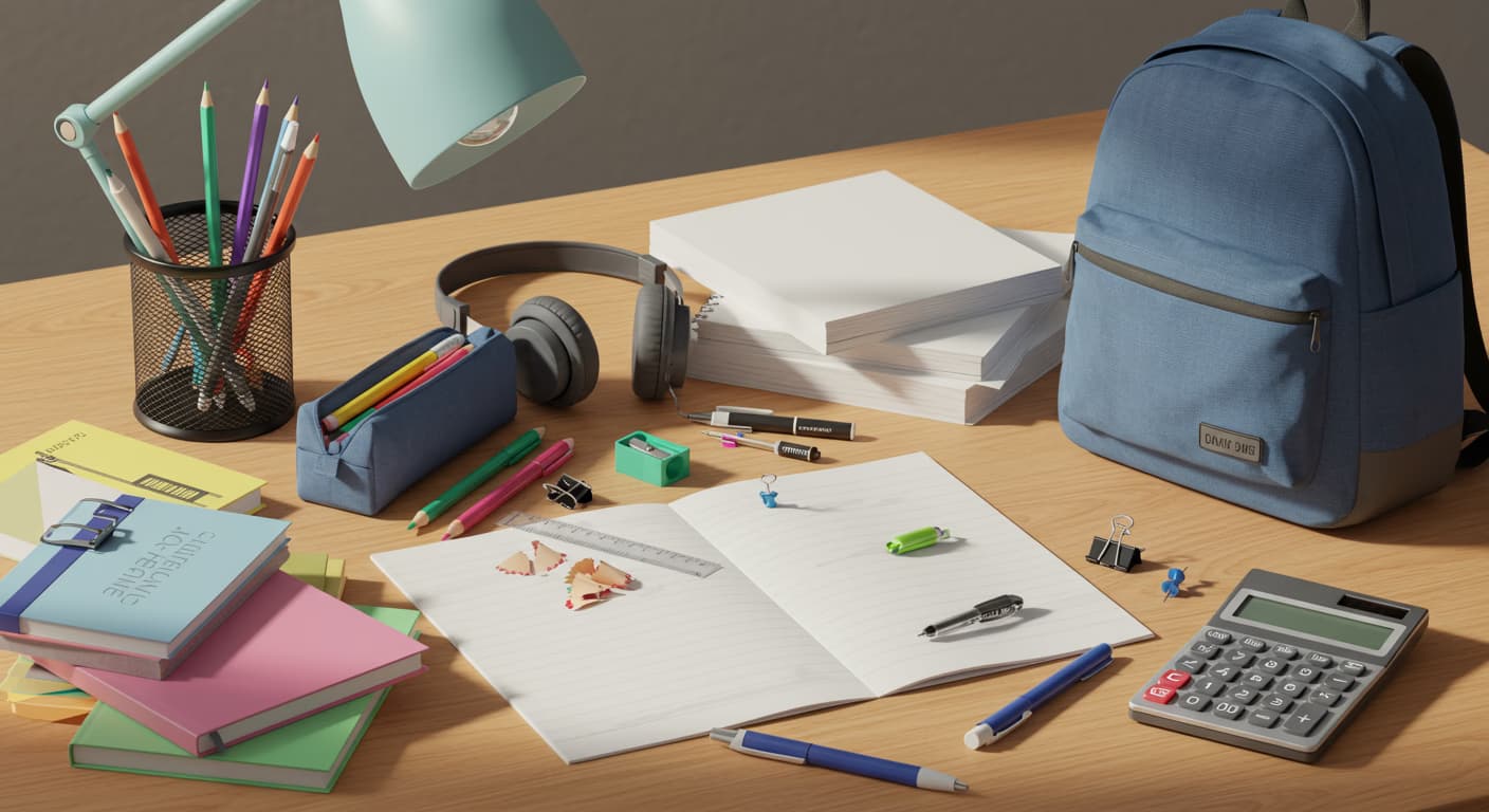 Back to school supplies including notebooks, pens, backpack, and educational materials