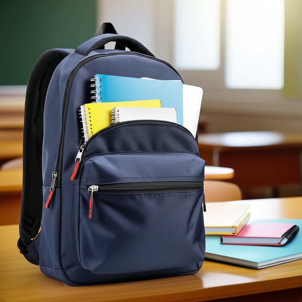 A close-up shot of a modern blue school backpack with multiple compartments and reflective accents, filled with textbooks and a laptop, placed on a wooden desk in a bright classroom.