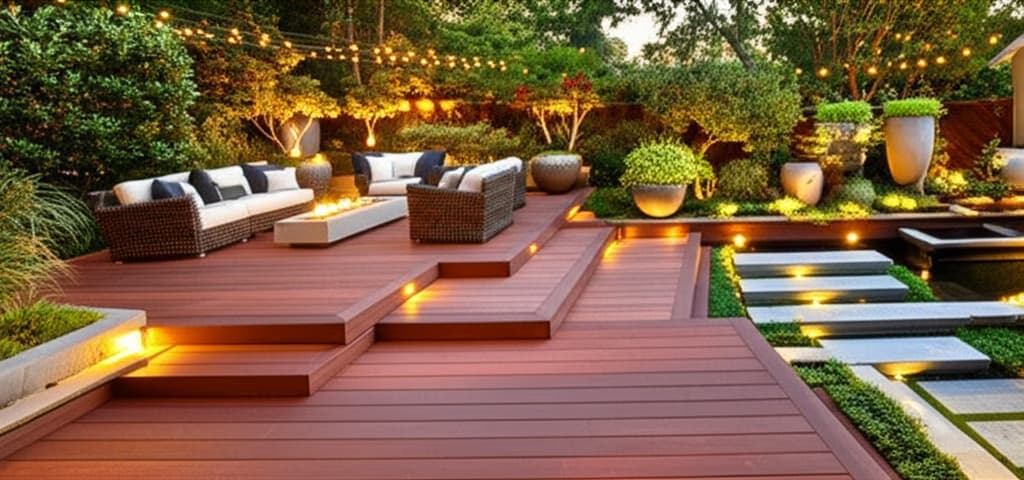 Beautiful natural wood backyard deck with comfortable outdoor furniture, integrated lighting, lush green landscaping, and modern design. Inspiring outdoor living space ideas.
