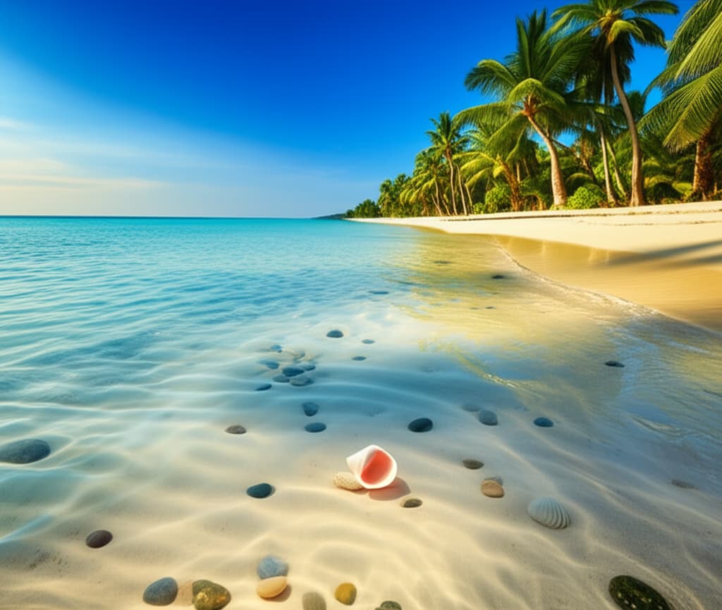 A high-quality image of a pristine Bali beach featuring soft white sand, clear turquoise ocean, and lush green palm trees under a vibrant blue sky, optimized for tropical travel inspiration.