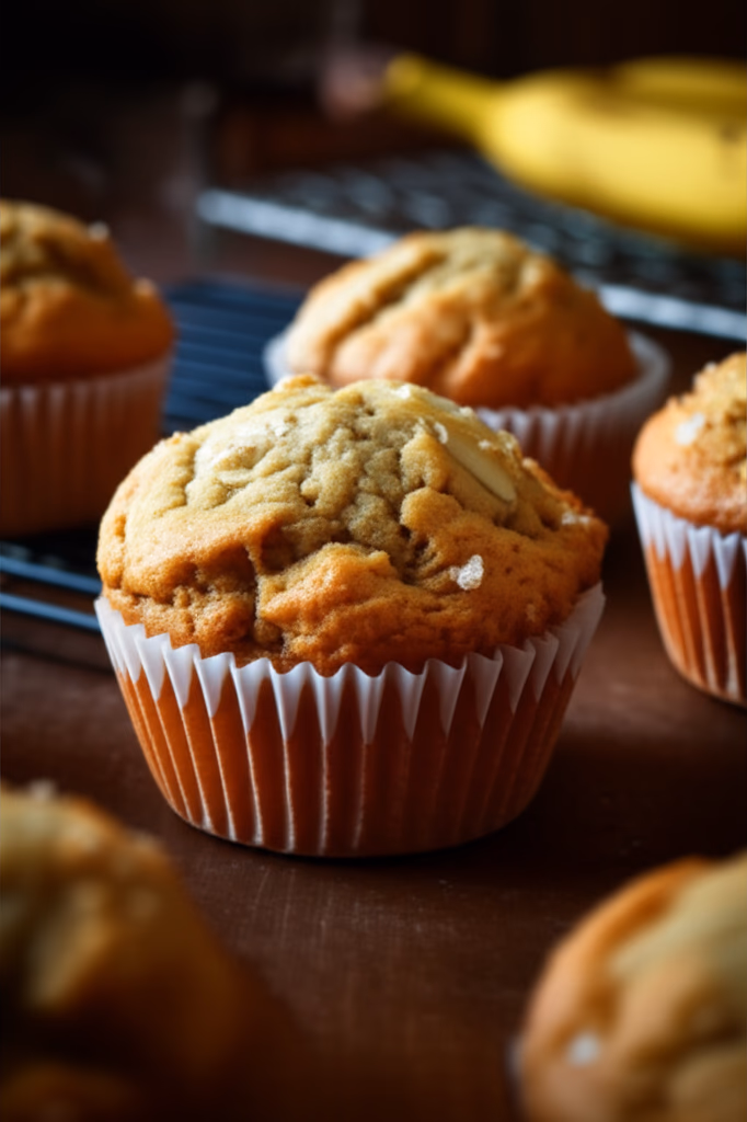 Close-up of golden-brown, freshly baked homemade banana muffins on a wooden board, showing moist texture.