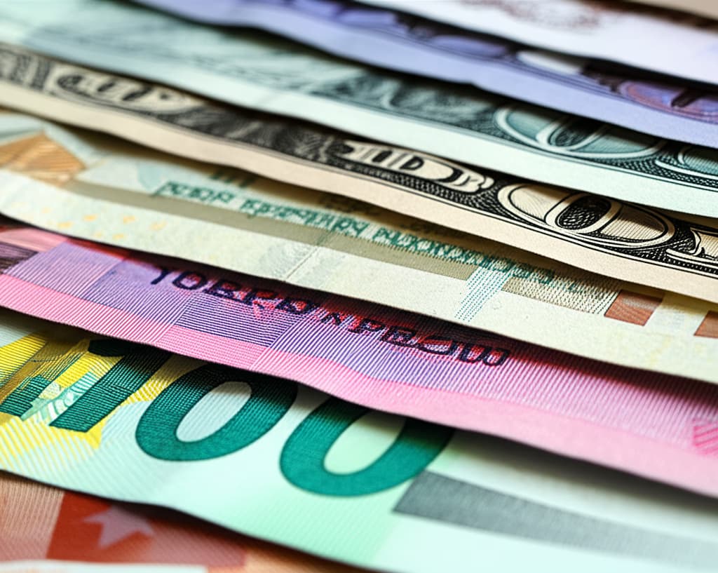 Close-up image of various international banknotes, highlighting intricate security features, unique designs, and detailed currency patterns.