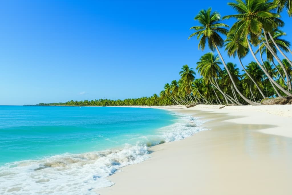Stunning Barbados beach with white sand, turquoise water, and palm trees, a quintessential Caribbean tropical paradise.
