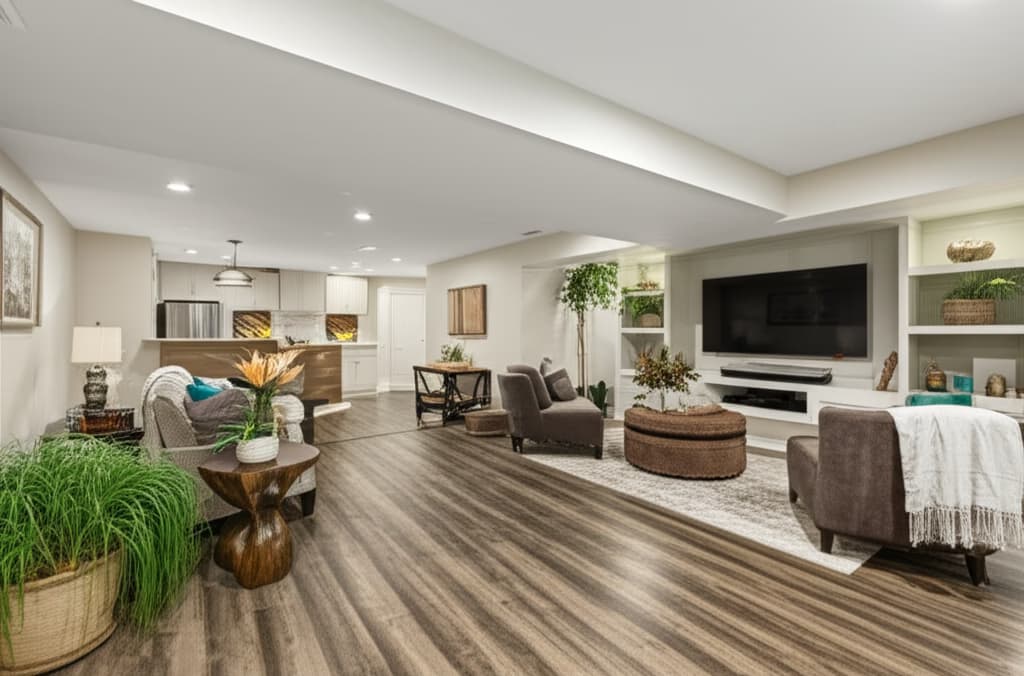 Beautifully finished modern basement with cozy living area, entertainment unit, and wet bar, showcasing top basement finishing ideas.