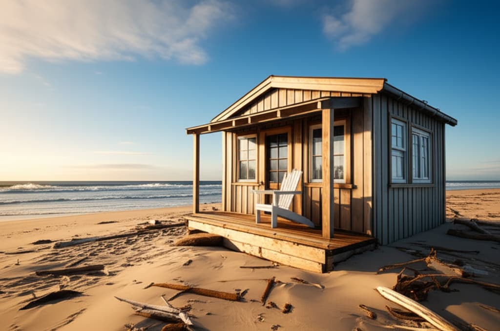 Realistic image of a rustic wooden beach cabin on a sunny, sandy beach with ocean waves in the background, perfect for a peaceful coastal getaway.