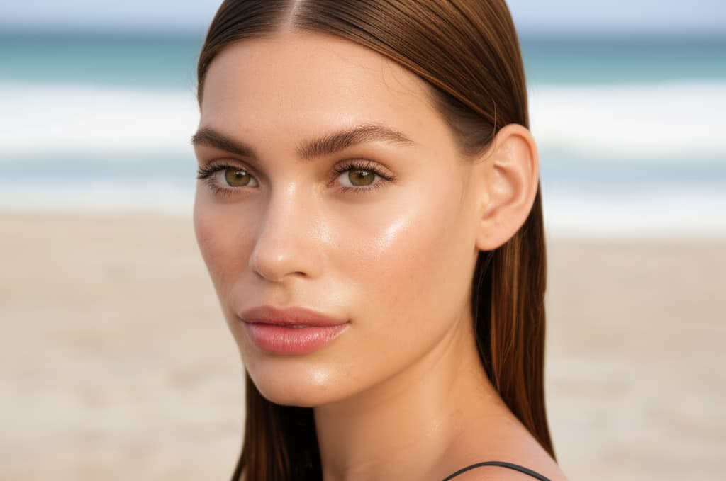 Woman showcasing a natural beach makeup look with glowing, sun-kissed skin, subtle eye makeup, and tinted lips, set against a blurred beach background.