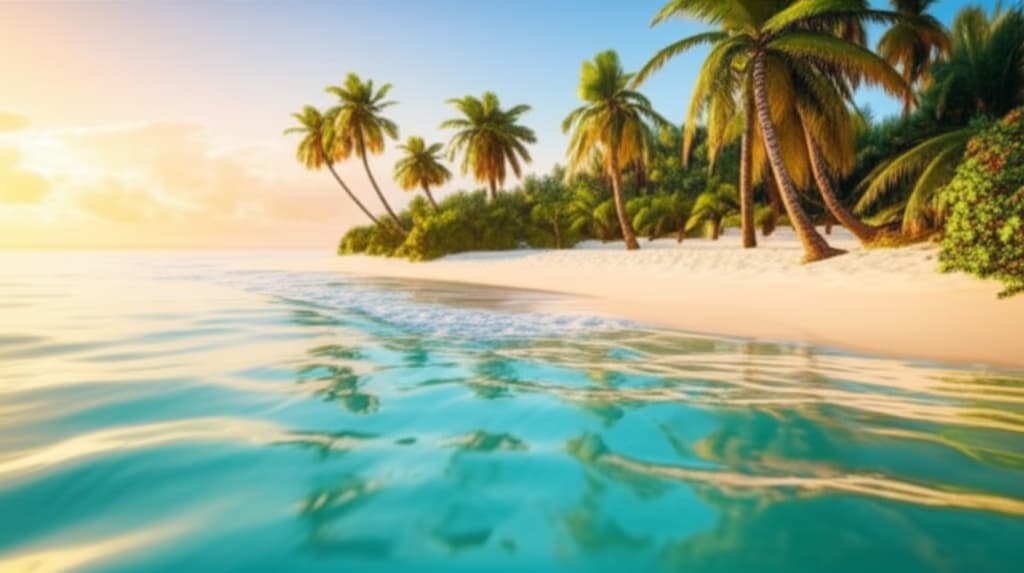 A serene beach paradise with pristine white sand, crystal-clear turquoise ocean water, and lush green palm trees under a golden hour sun. Ideal tropical getaway scene.