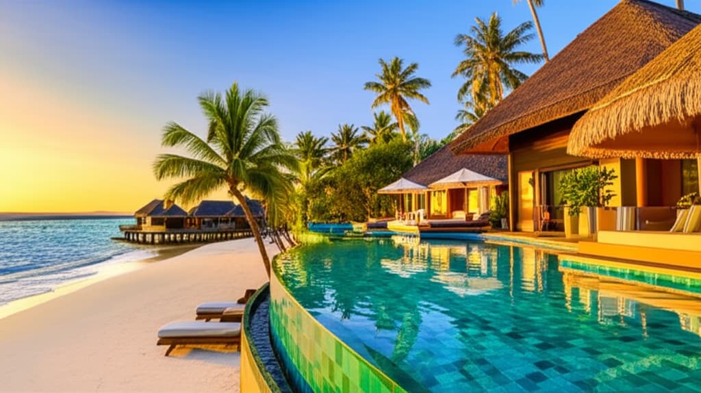 A serene tropical beach resort featuring an infinity pool overlooking clear turquoise ocean water, white sand beach, and lush green palm trees under a golden hour sky.