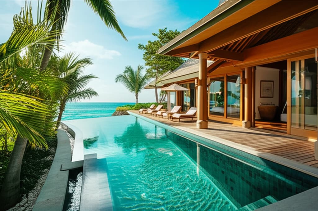Stunning luxury beach villa with infinity pool and panoramic ocean view, ideal tropical vacation home architecture.