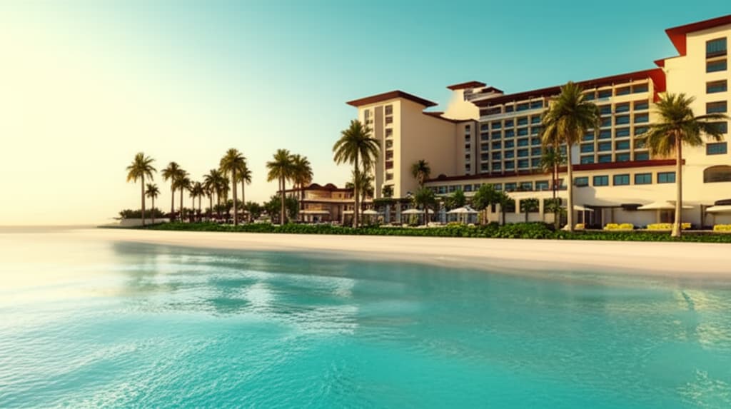 Stunning luxury beachfront hotel resort on a pristine sandy beach with turquoise ocean and lush palm trees under a clear sky, ideal for tropical vacations.