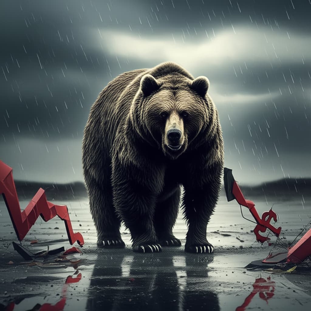 High-quality, realistic image symbolizing a 'bear market,' featuring a powerful bear overlooking a desolate landscape with broken stock market graphs, representing economic recession and financial decline.