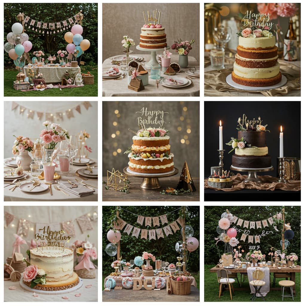 Colorful birthday party decorations with balloons, cake, and festive celebration setup