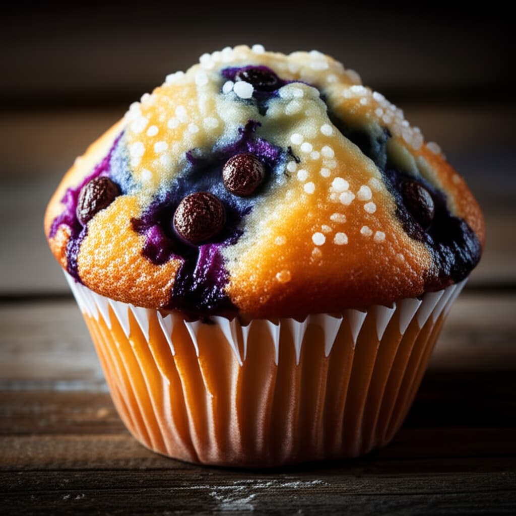 Close-up of a freshly baked golden-brown blueberry muffin with plump, juicy blueberries visible, set on a rustic wooden surface. Ideal for breakfast or a sweet snack.