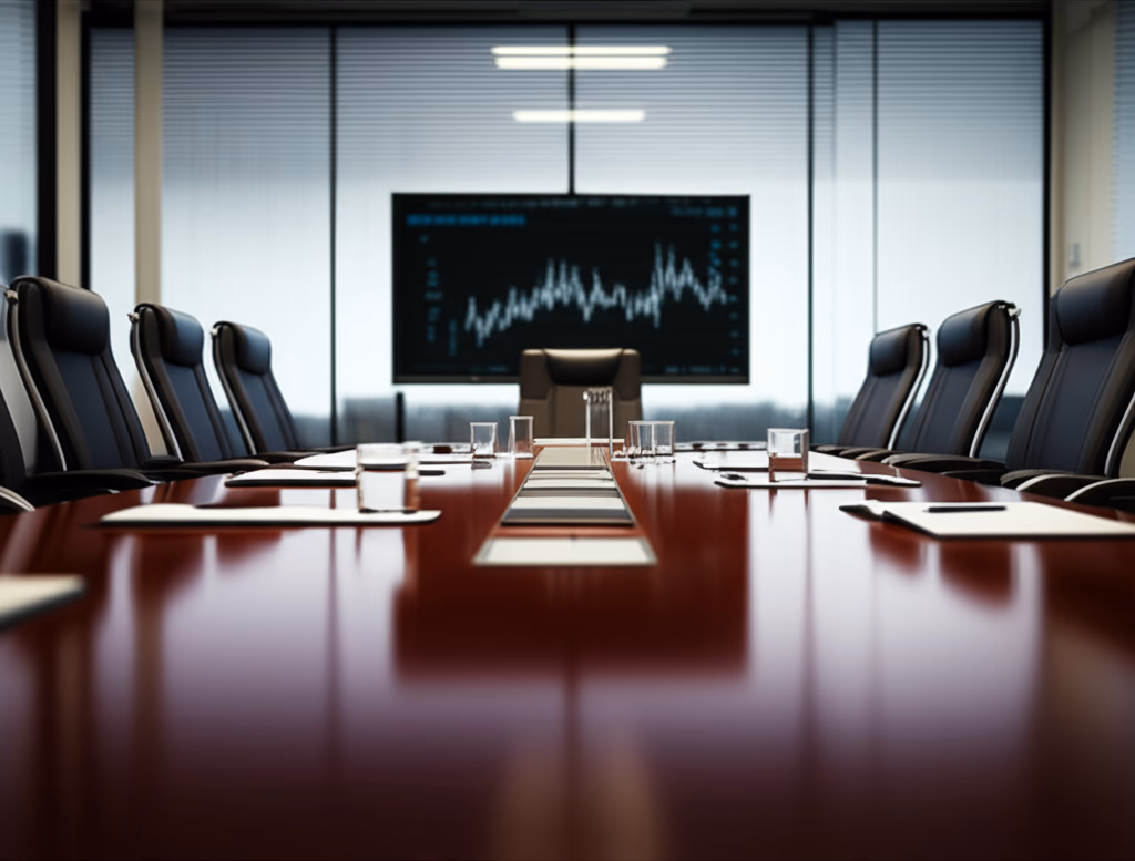 A modern, sophisticated board room with a large polished table, executive chairs, and a display screen, ready for a corporate meeting.