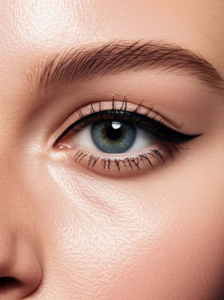 Close-up of a woman showcasing a striking bold winged eyeliner look with perfectly defined lines and rich black pigment on her eyes.
