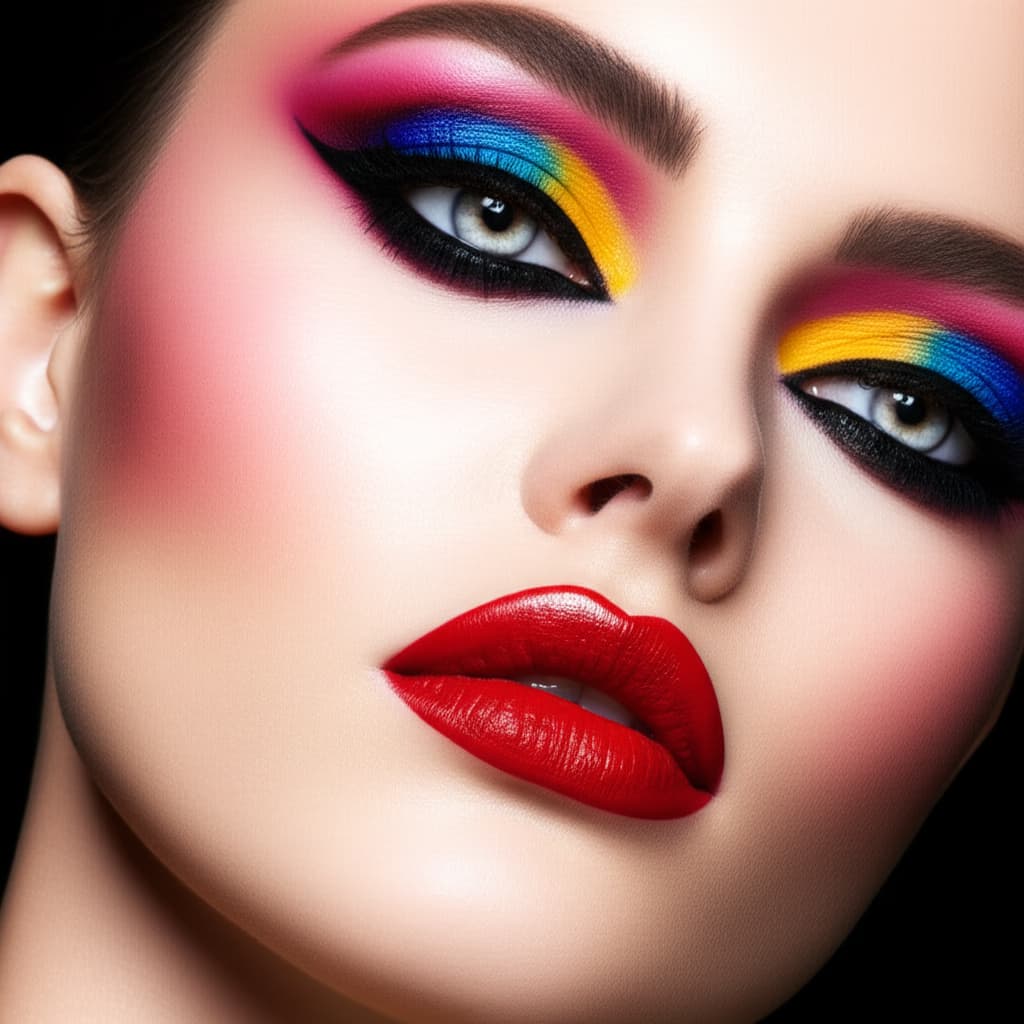 Close-up photo of a model with a bold makeup look featuring dramatic winged eyeliner, vibrant eyeshadow, and deep red matte lipstick, showcasing detailed application.