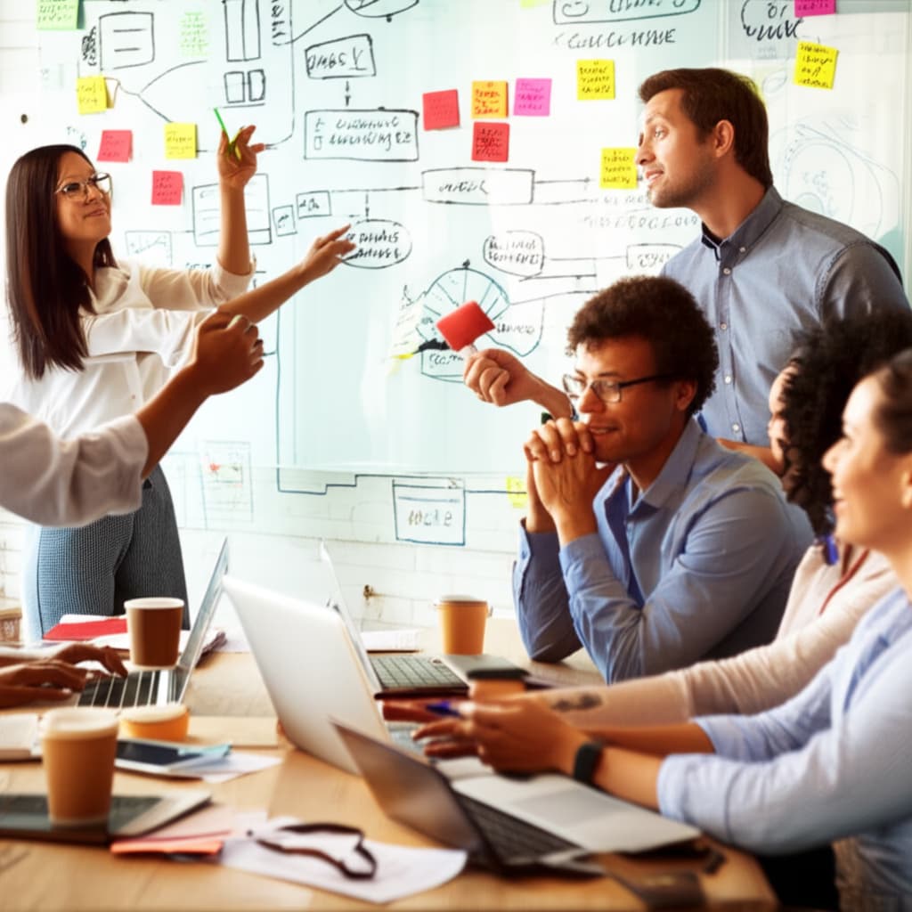 Image of a diverse professional team actively engaged in a dynamic brainstorming session, collaborating on a whiteboard with colorful sticky notes and discussing innovative ideas in a modern office.