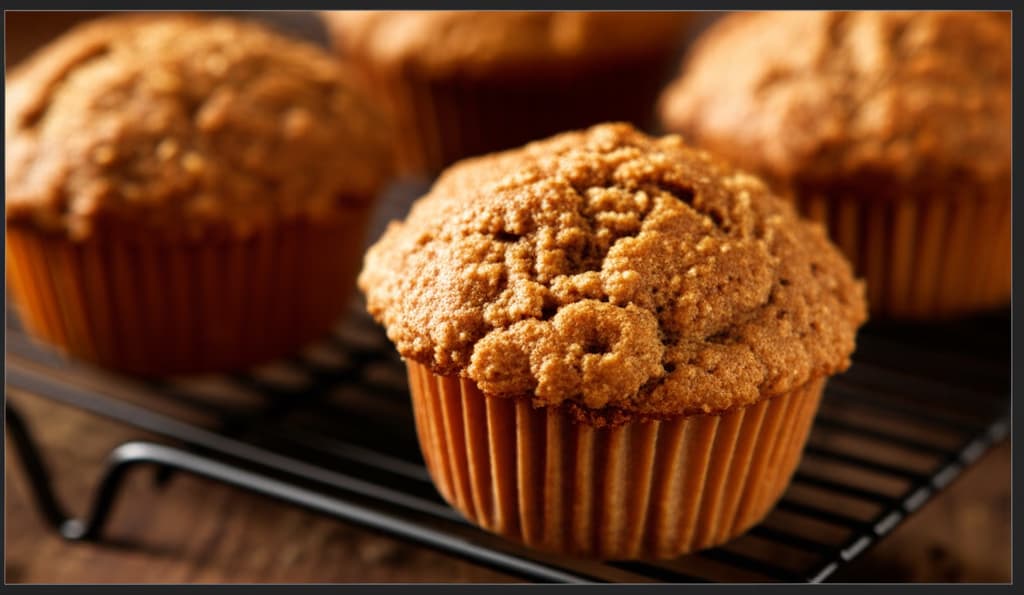 Close-up photo of freshly baked healthy bran muffins on a cooling rack, showcasing their wholesome texture and golden-brown tops, ideal for breakfast or snack.