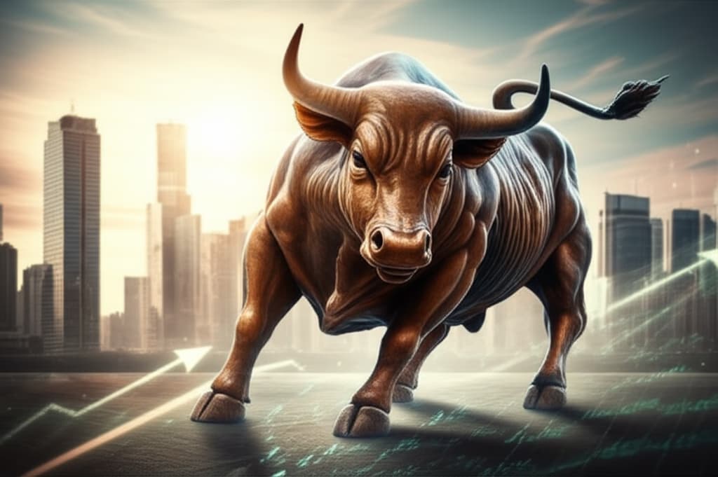 Realistic image of a charging bull symbolizing a strong bull market and financial growth in the stock market.