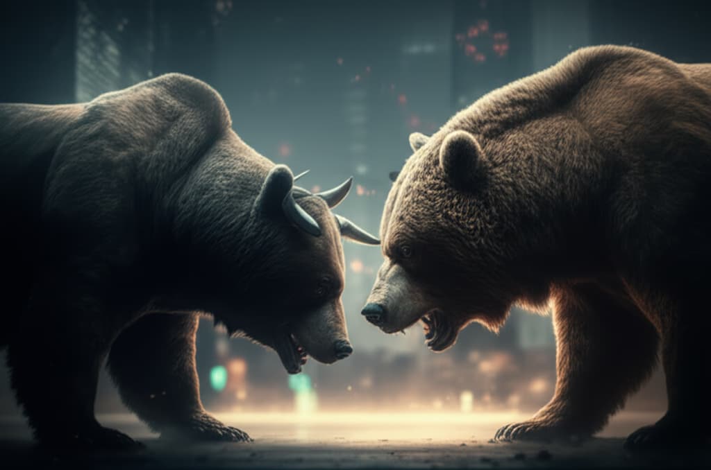 A powerful, charging bull in confrontation with a formidable, rearing bear, symbolizing the push and pull of market trends and investor sentiment in the stock market. High-quality realistic depiction of the financial struggle.