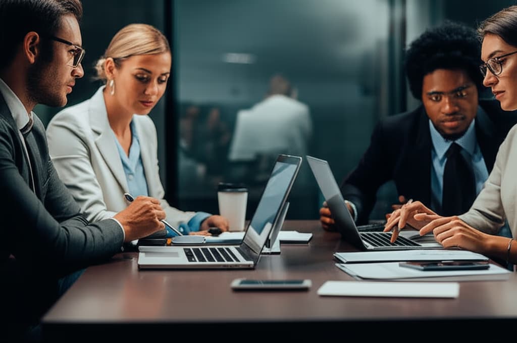 Diverse group of professionals engaged in a focused business discussion around a modern conference table, symbolizing teamwork and strategic planning.