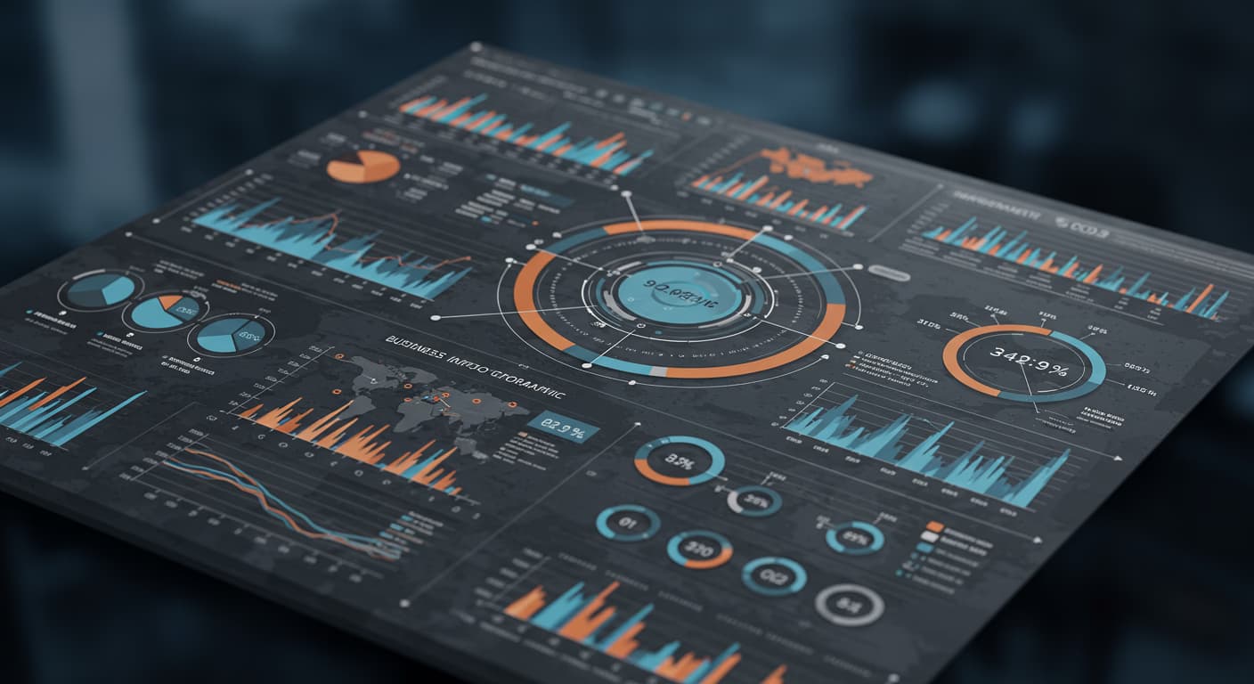 Business infographic showing data charts and statistics with colorful design elements