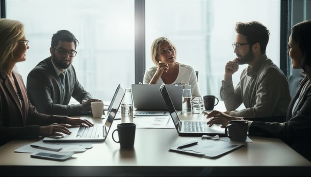 Diverse team collaborating in a modern business meeting, discussing strategy around a conference table with laptops and documents.