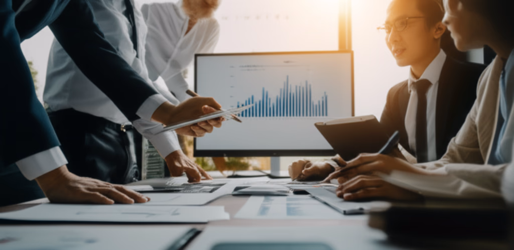 Diverse business team collaboratively working on a strategic business plan in a modern office, showing laptops, charts, and intense discussion for future growth.