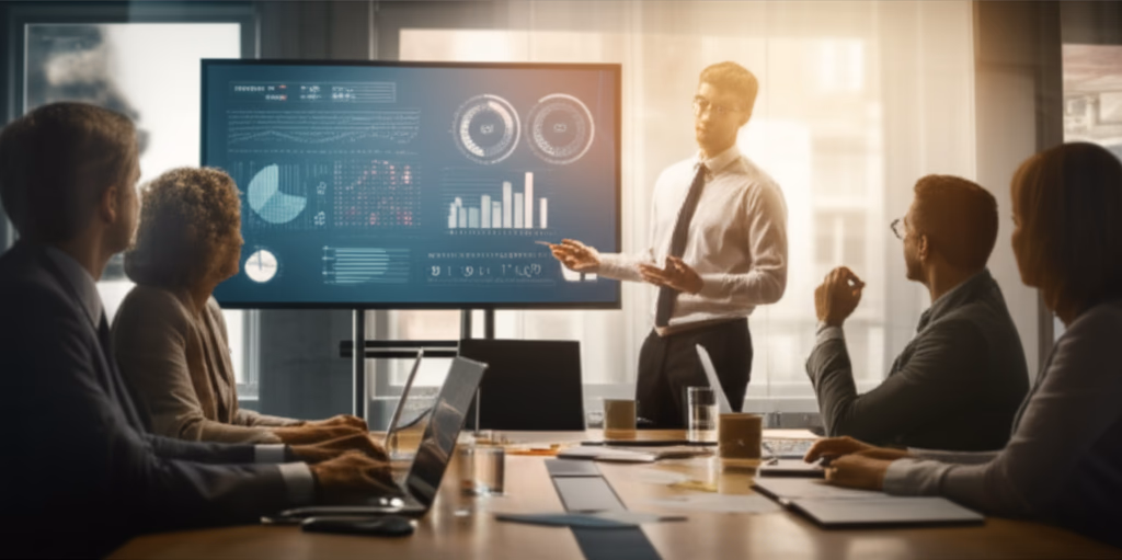 A diverse team of professionals collaborating during a high-stakes business presentation in a modern office, analyzing data and strategizing for success.