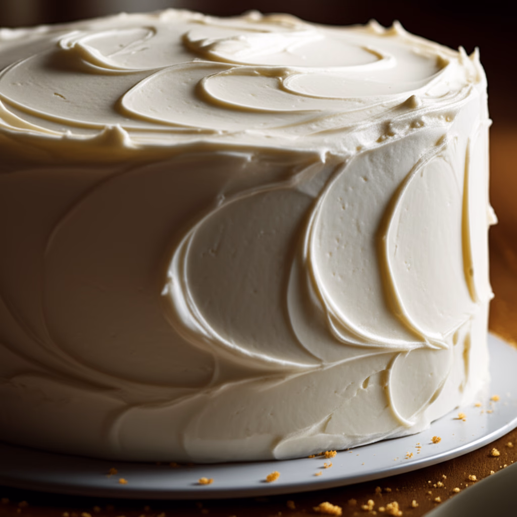 Close-up of a beautifully decorated, classic vanilla buttercream cake with smooth frosting and elegant piping, ready for serving.