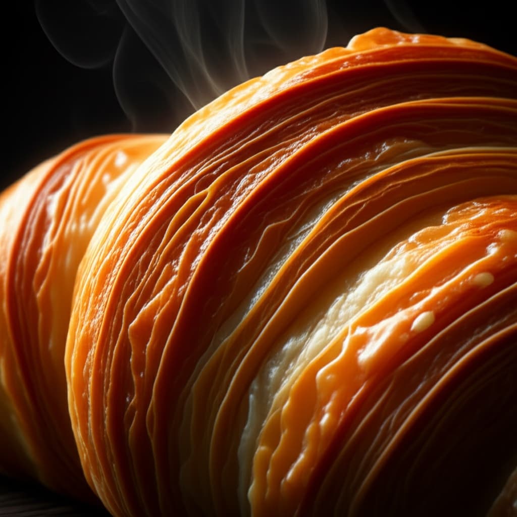Close-up ultra-realistic image of a golden-brown, flaky buttery croissant on a wooden surface, showcasing its layered texture and soft interior.