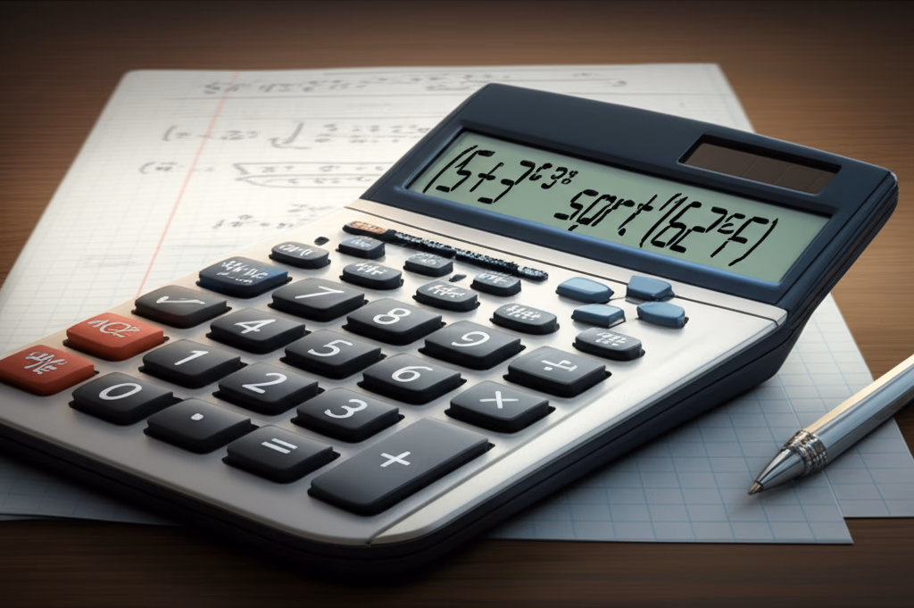 A realistic scientific calculator displaying mathematical equations, resting on a desk with notes, symbolizing calculator math and advanced problem-solving.